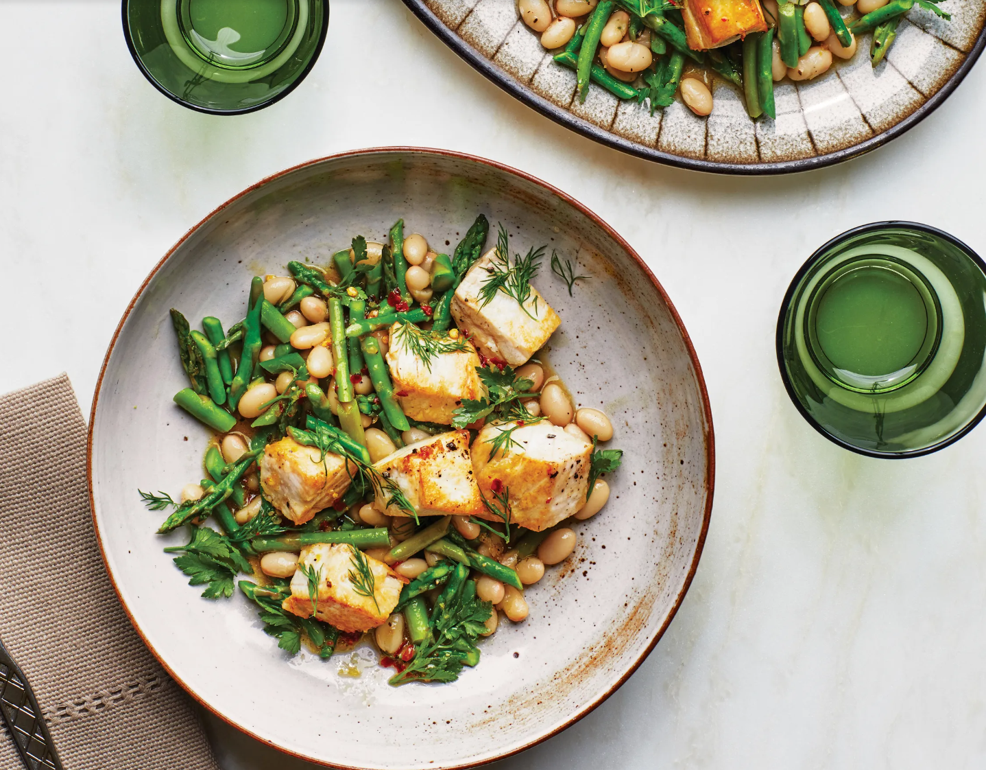 Swordfish with Asparagus and Beans from Bon Appetit, taken by Isa Zapata, food styling by Pearl Jones, prop styling by Marina Bevilacqua