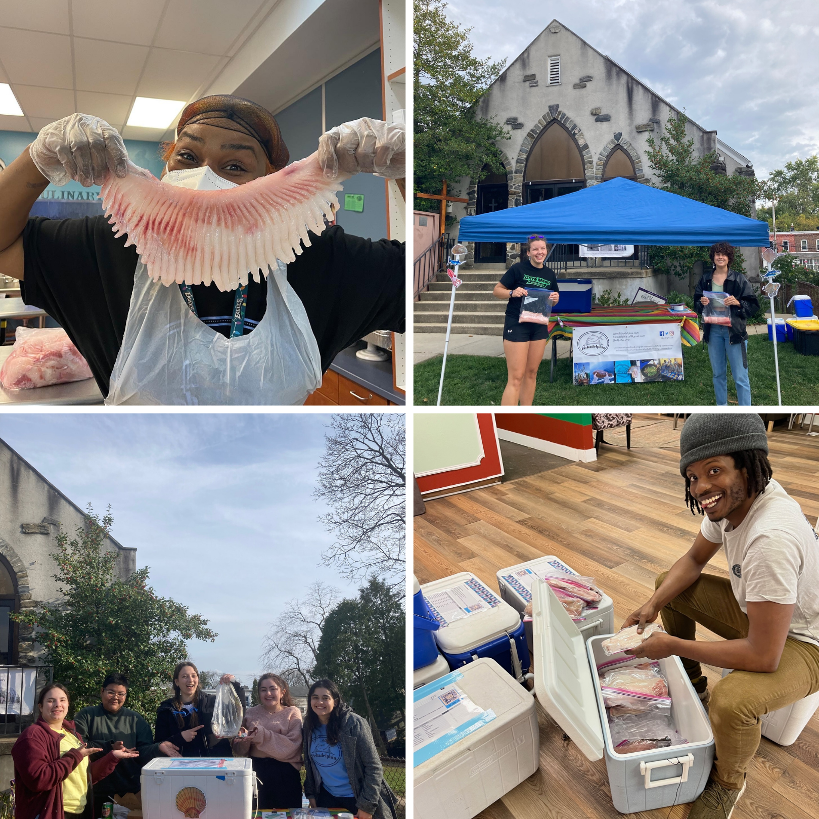 A collage of photos from 2022-2023 seafood club: Tasha holding a fillet; fishstands; Ruben packing a cooler