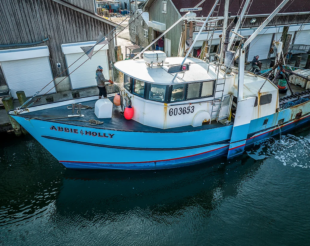Overhead photo of the fishing vessel Abbie & Holly docked at Viking Village.
