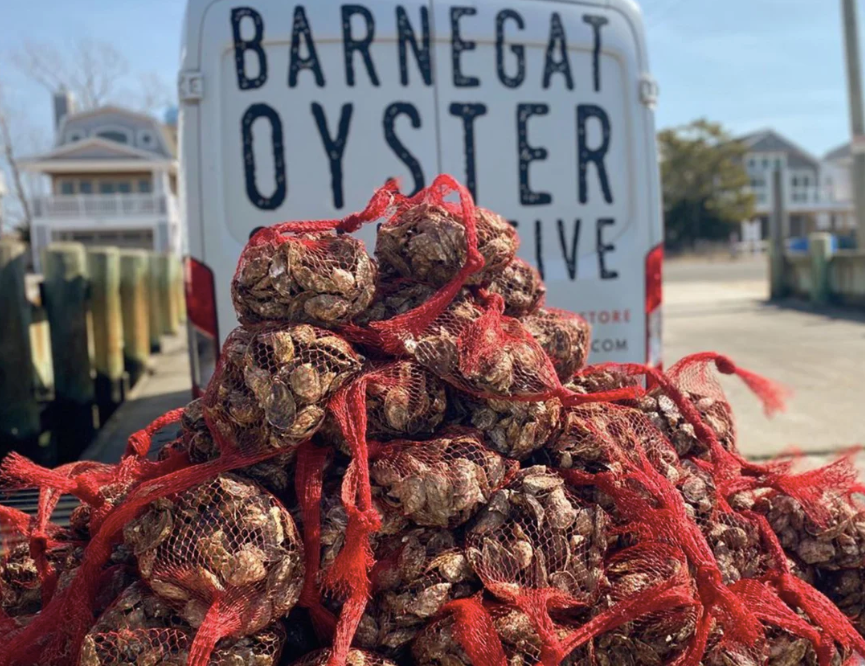 Red net bags of oysters in front of a box van that says "Barnegat Oyster Collective"