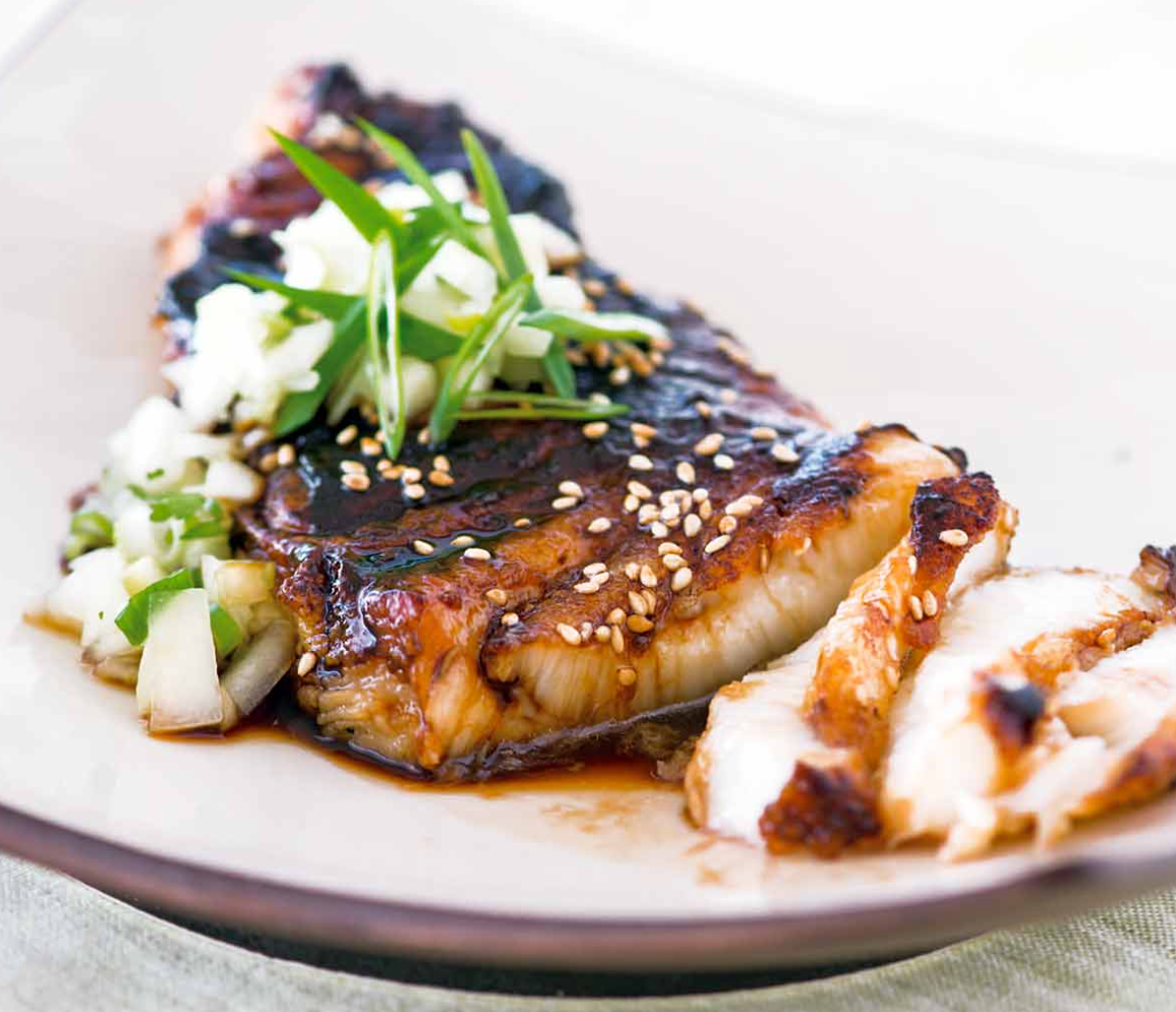 Sea Bass with Soy Glaze and Cucumber Salsa
