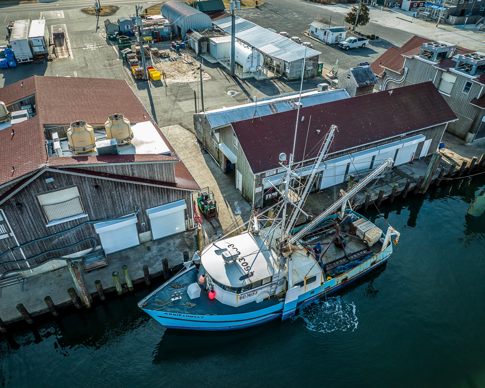Overhead photo of the fishing vessel Abbie & Holly docked at Viking Village.